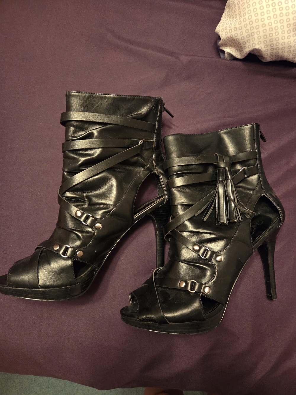 Carlos by Carlos Santana Black Strappy Tassel Peep-Toe Heeled Booties
